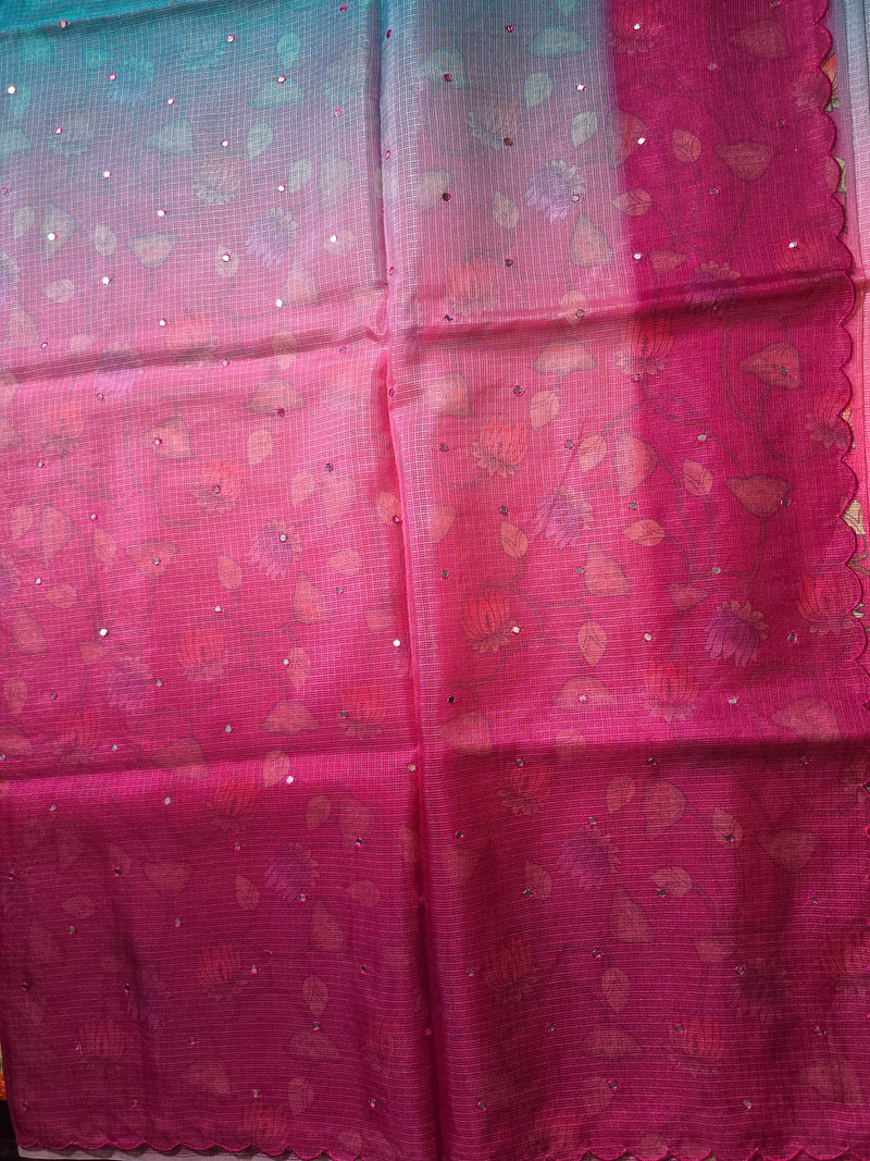 Shaded Kota Silk Saree with Mirror Work and Kalamkar Blouse