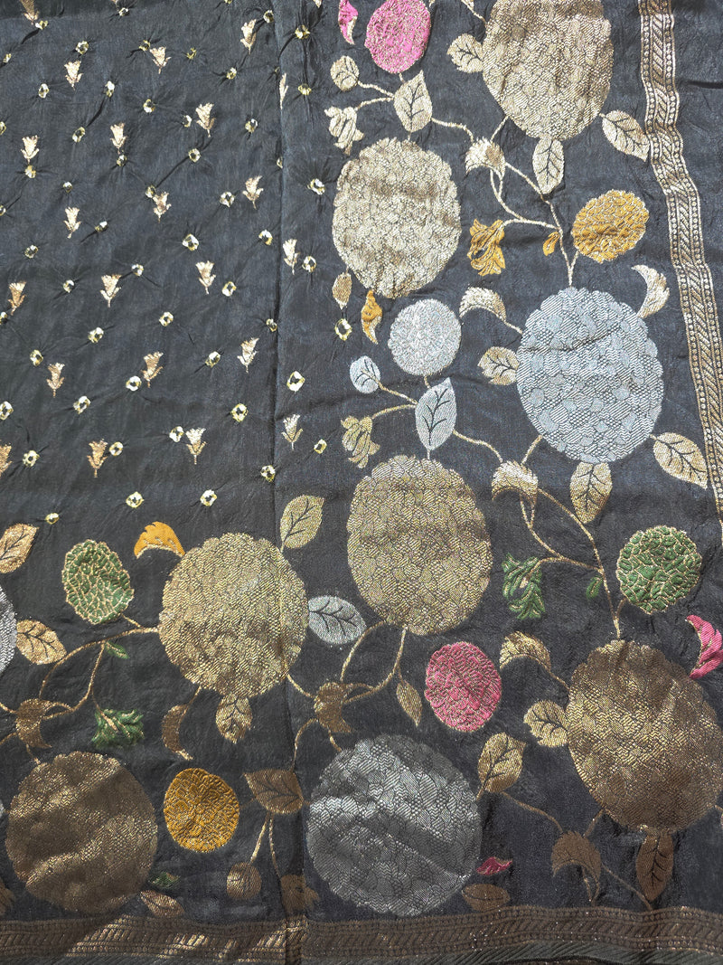 Black Bandhani Crepe Saree witth Floral Weaving