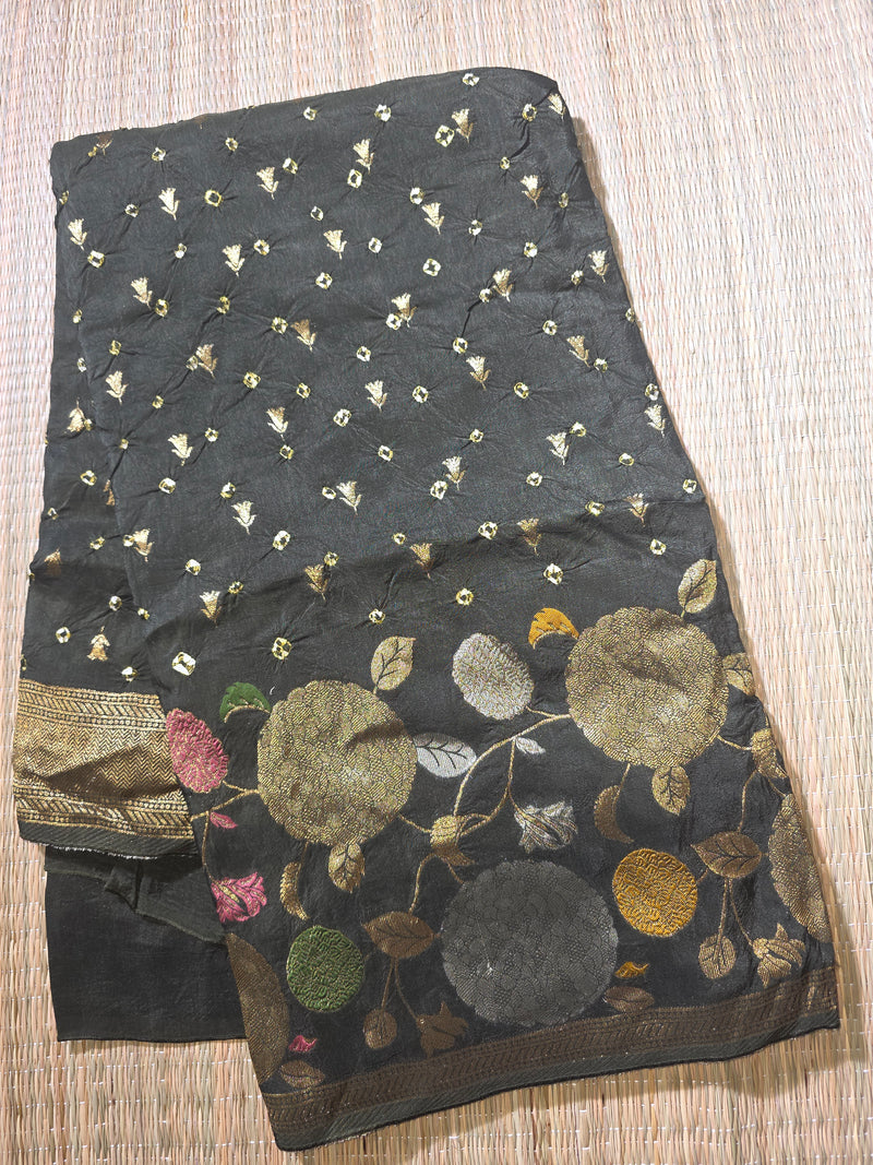 Black Bandhani Crepe Saree witth Floral Weaving