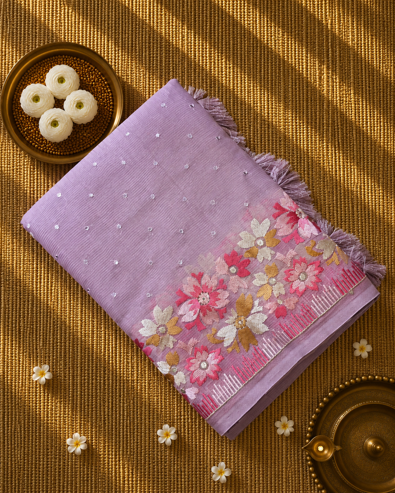 Linen Tissue Saree with Embroidery and Mirror work