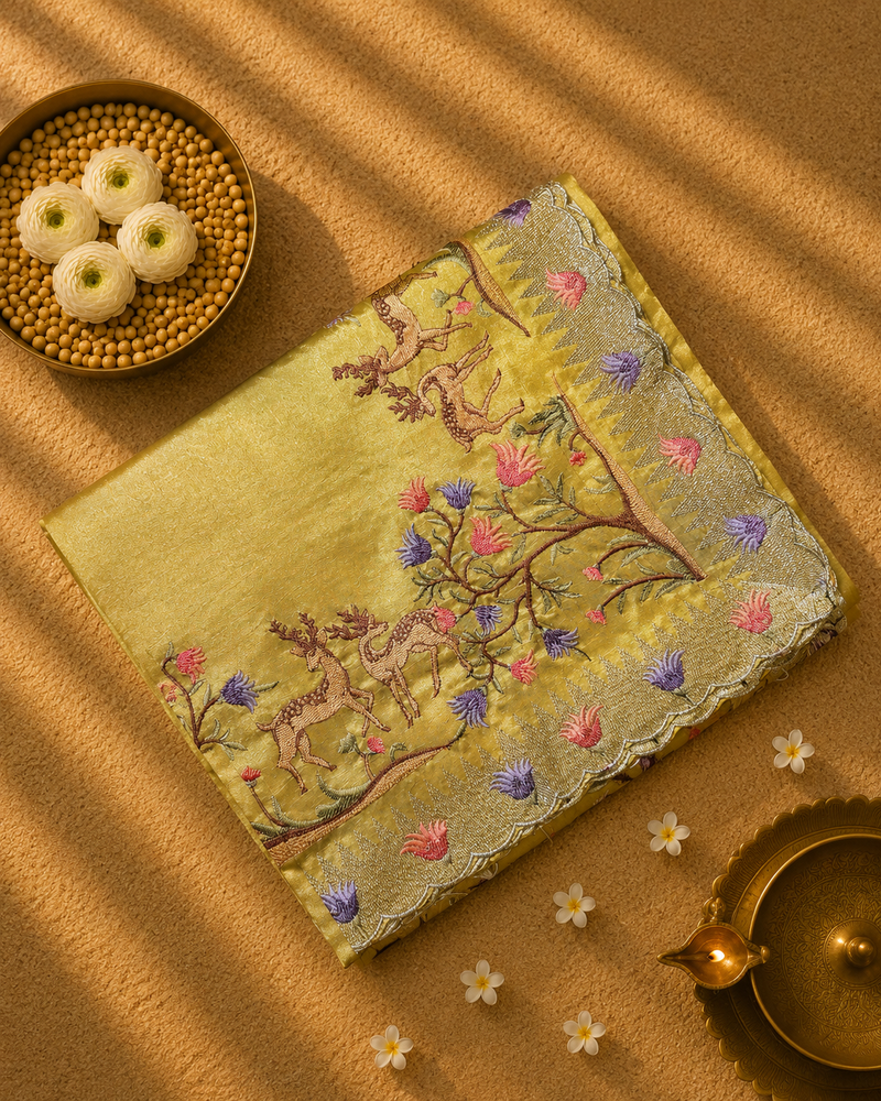 Pure Raw Silk with German Silver Border and Embroidery