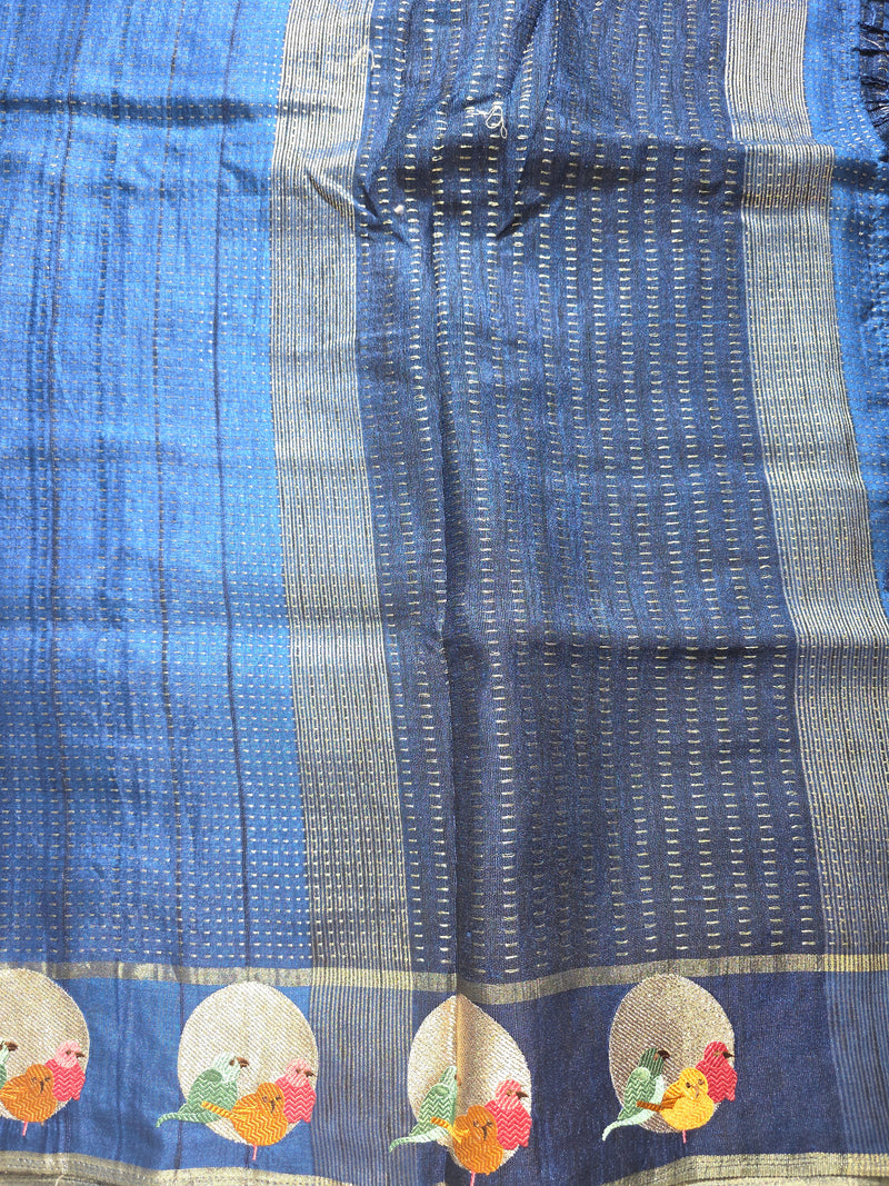 Pure Tussar Silk Saree with Zari Weaving and Embroidery