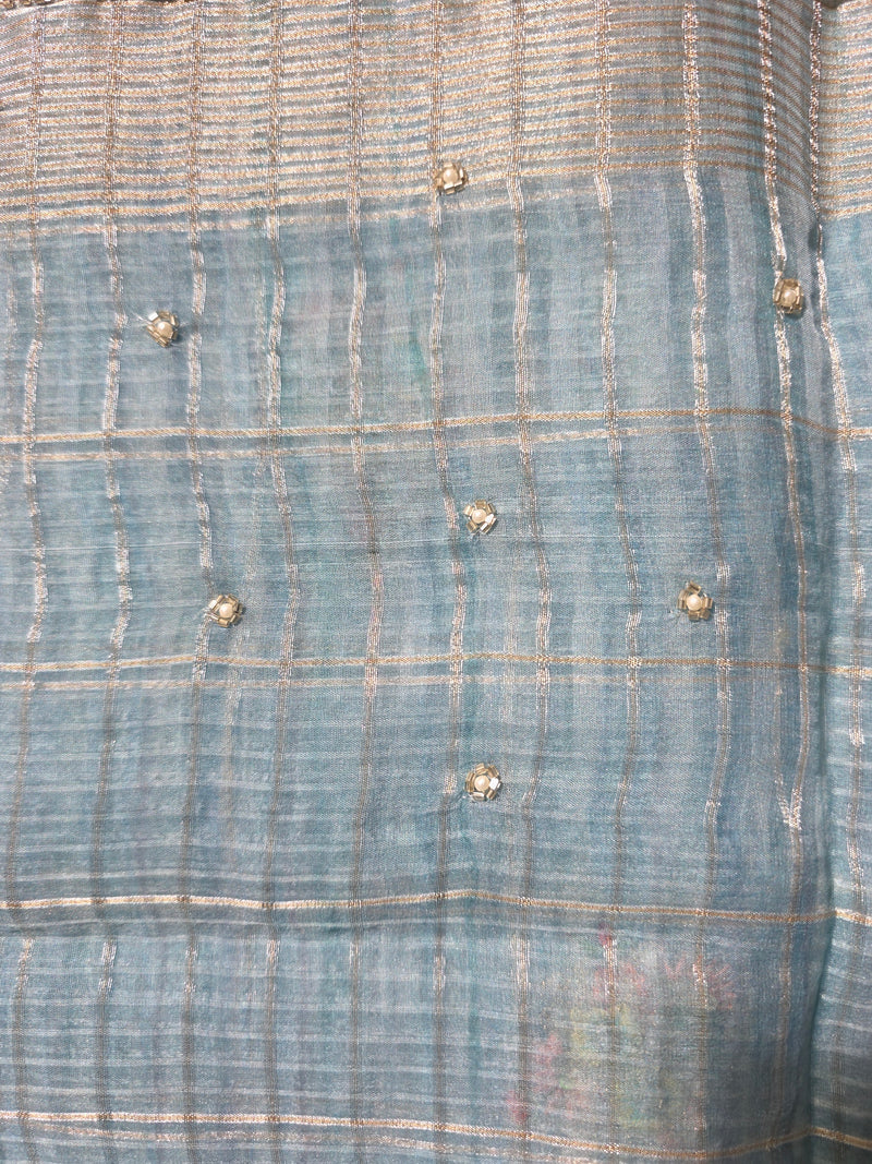 Blue Linen Zari Saree with Pearl Embroidered motifs