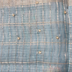 Blue Linen Zari Saree with Pearl Embroidered motifs