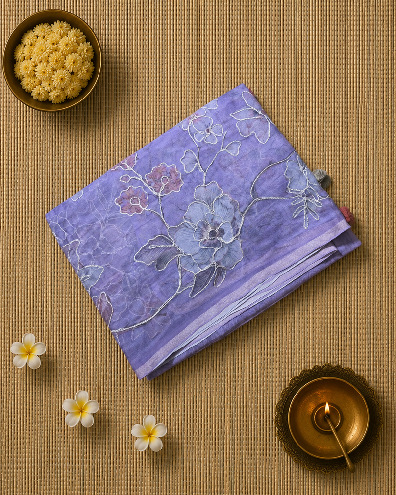 Kora Silk Printed Saree with Aari Work