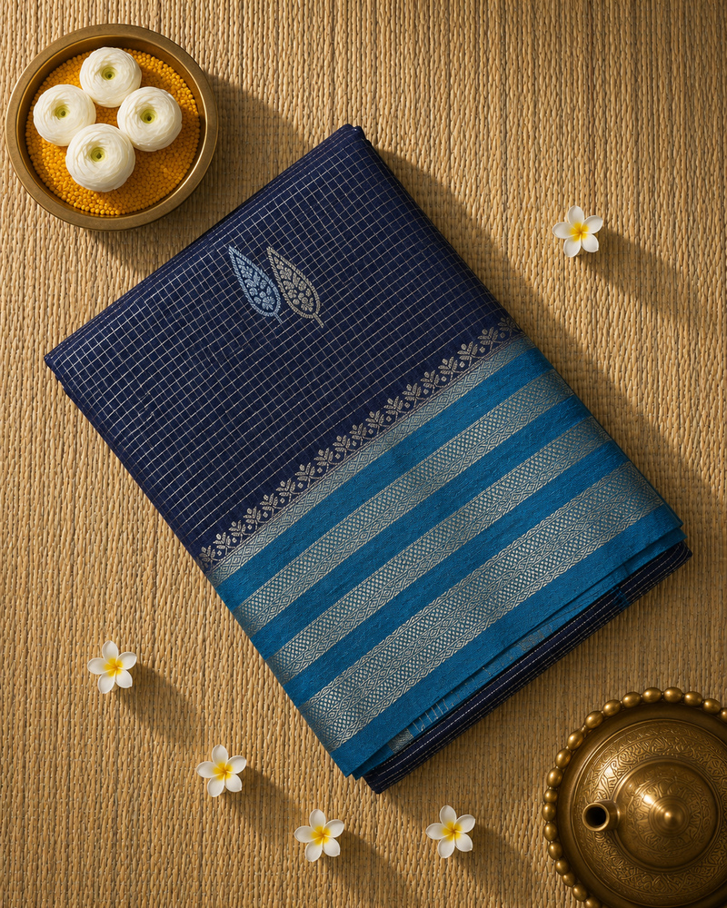 Premium Semi Mysore Crepe Saree with Vintage Checks and Rich Pallu