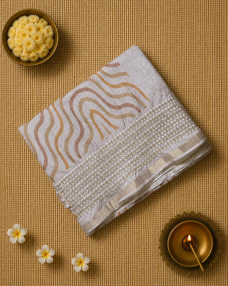 Printed Tussar Silk Saree with Embroidered Border
