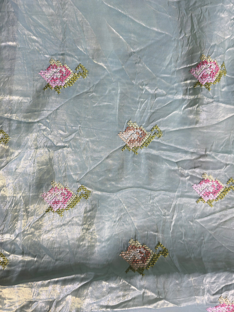 Blue Crush Tissue Saree with Brush painted Applique work and Embroidery
