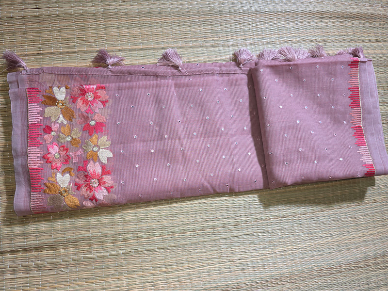 Linen Tissue Saree with Embroidery and Mirror work