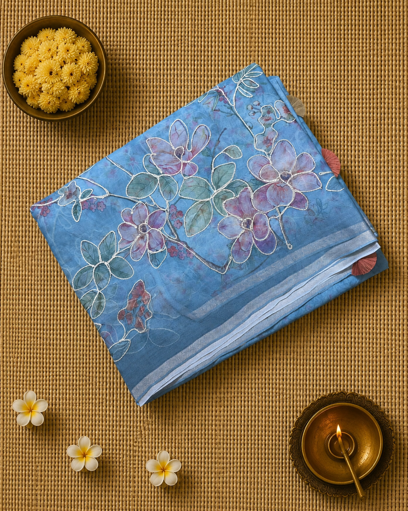 Kora Silk Printed Saree with Aari Work