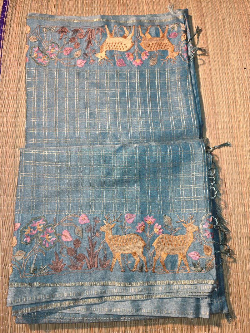 Tussar Saree with Zari checks and Embroidery