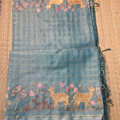 Tussar Saree with Zari checks and Embroidery