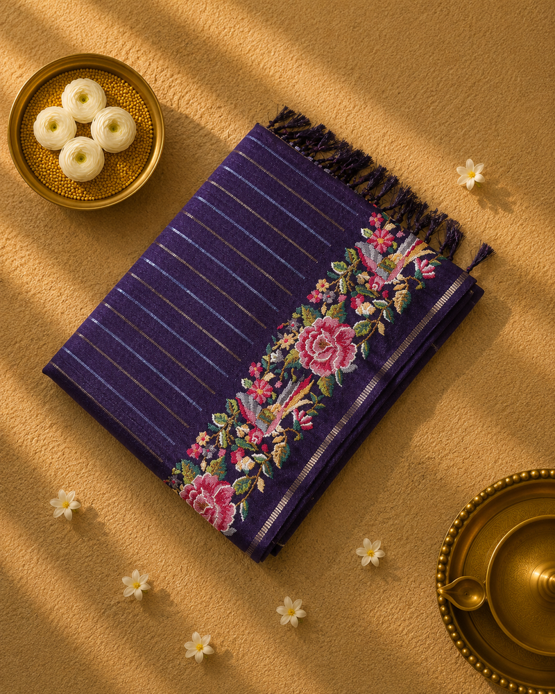 Pure Tussar Silk Saree with Vertical Zari Stripes and Petit Point Embroidery