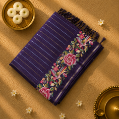 Pure Tussar Silk Saree with Vertical Zari Stripes and Petit Point Embroidery