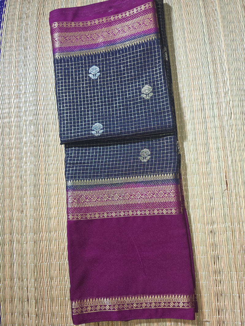 Premium Semi Mysore Crepe with Vintage Checks and Gap Border