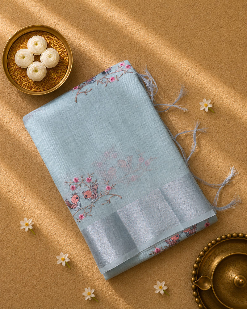 Linen Tissue Saree with Bird Motifs