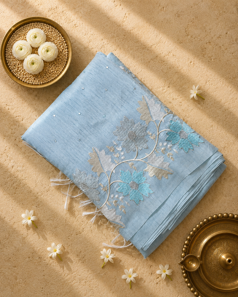 Blue Linen Tissue Saree with Silver Brocade Pallu and Blouse