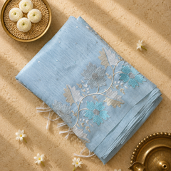 Blue Linen Tissue Saree with Silver Brocade Pallu and Blouse