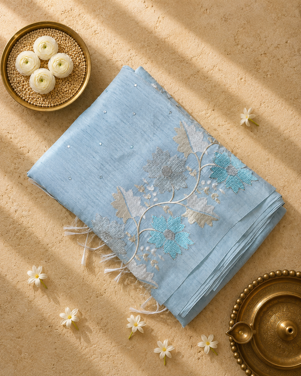 Blue Linen Tissue Saree with Silver Brocade Pallu and Blouse