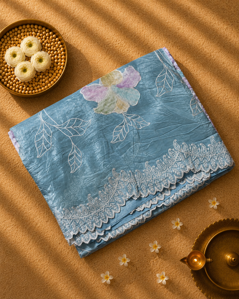 Blue Crush Tissue Saree with Brush painted Applique work and Embroidery