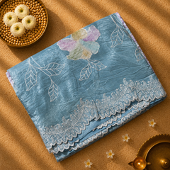 Blue Crush Tissue Saree with Brush painted Applique work and Embroidery