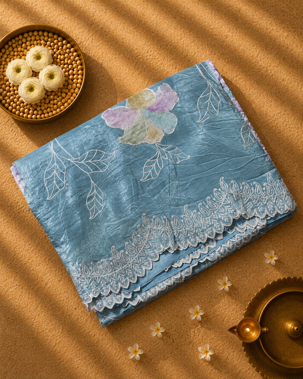 Blue Crush Tissue Saree with Brush painted Applique work and Embroidery