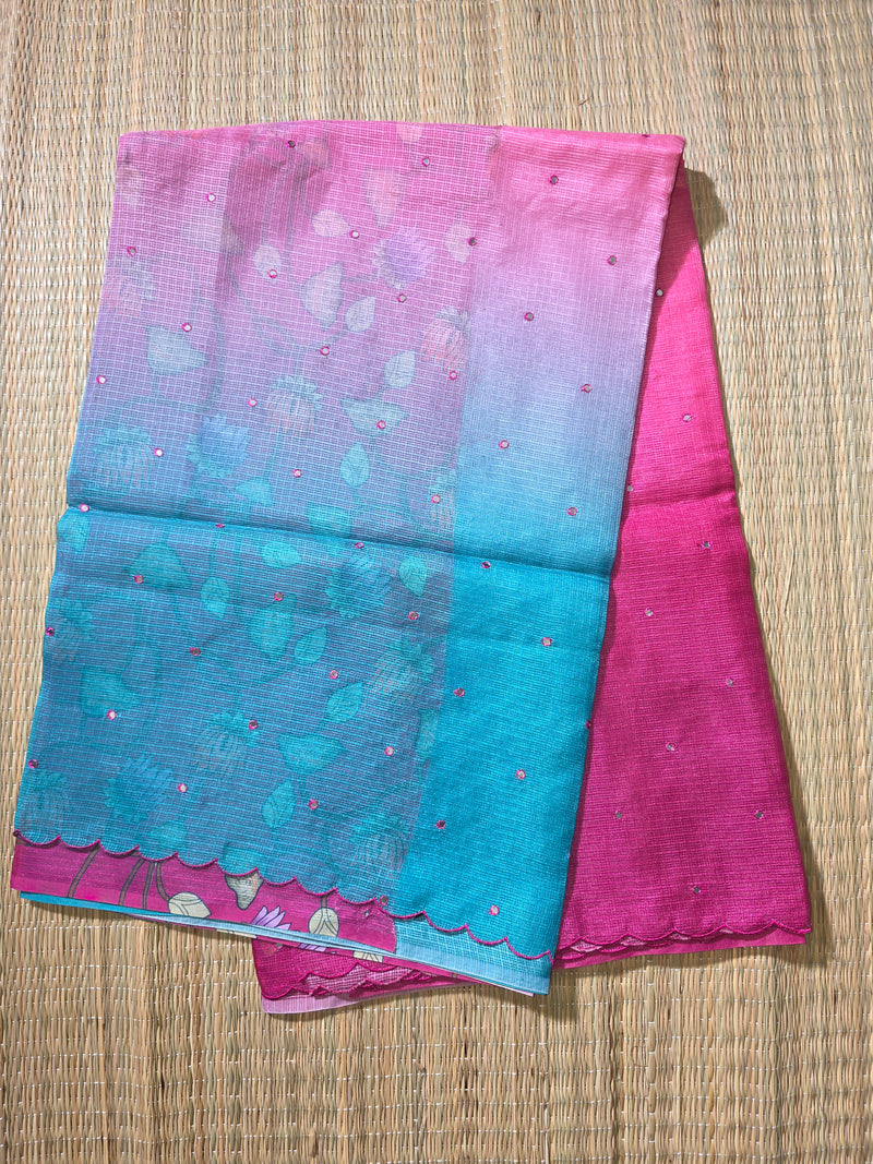 Shaded Kota Silk Saree with Mirror Work and Kalamkar Blouse