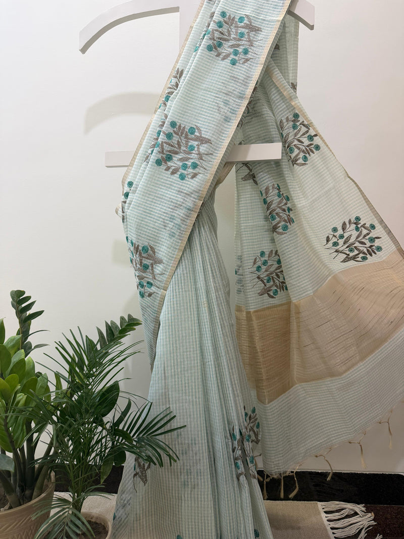 Linen Zari Saree in Checks and Floral Embroidery with Plain Blouse