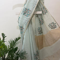 Linen Zari Saree in Checks and Floral Embroidery with Plain Blouse