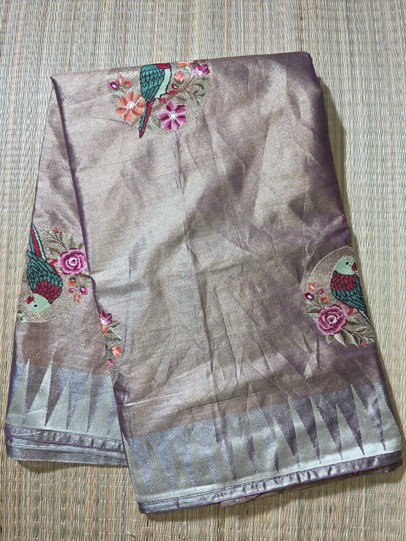 Pure Kora TIssue Saree with Temple Border and BIrd Motifs