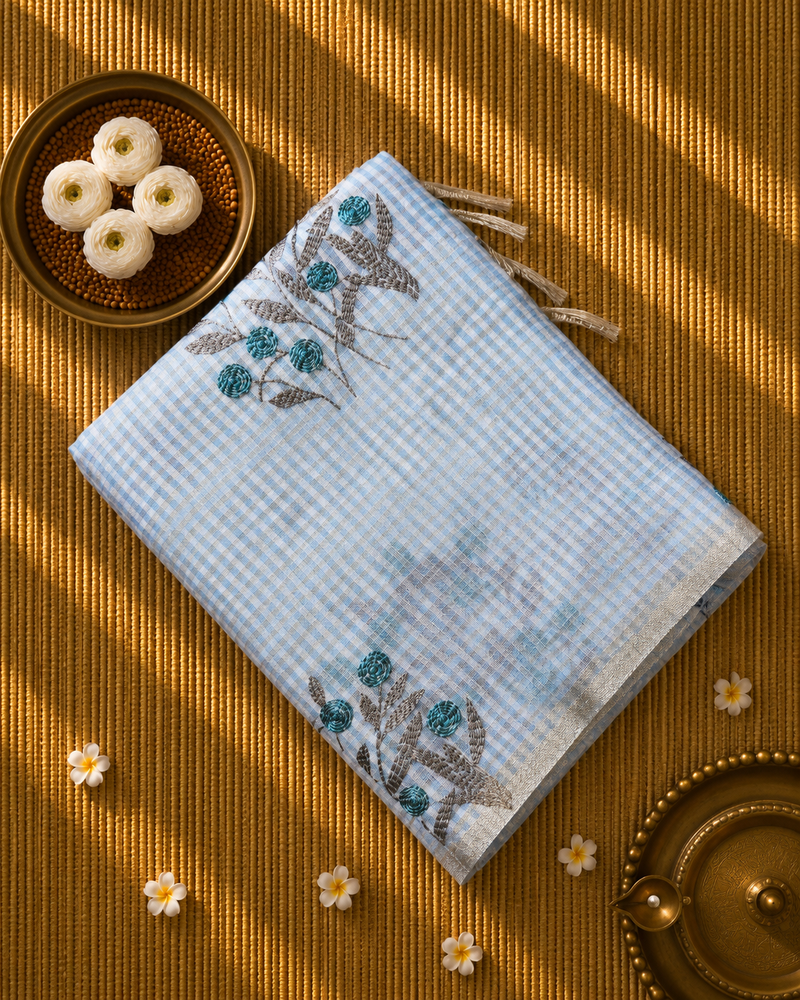 Linen Zari Saree in Checks and Floral Embroidery with Plain Blouse