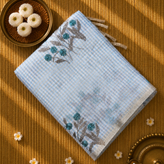 Linen Zari Saree in Checks and Floral Embroidery with Plain Blouse