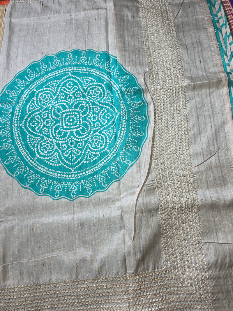Printed Tussar Silk Saree with Embroidered Border