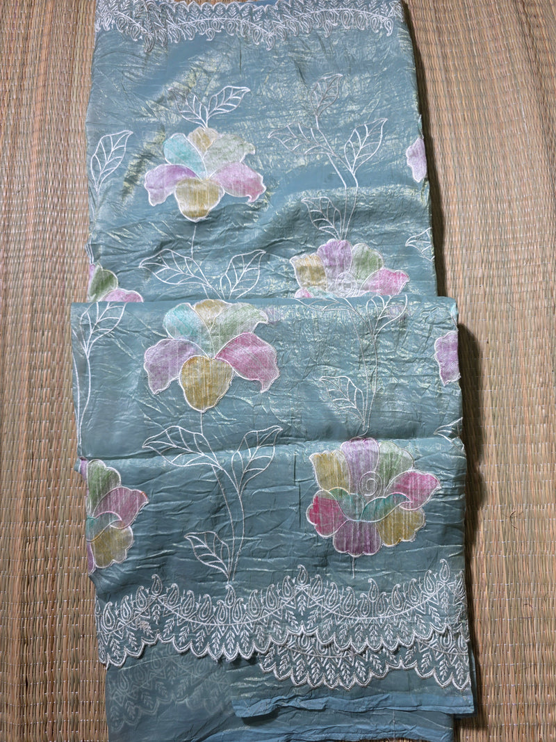 Blue Crush Tissue Saree with Brush painted Applique work and Embroidery
