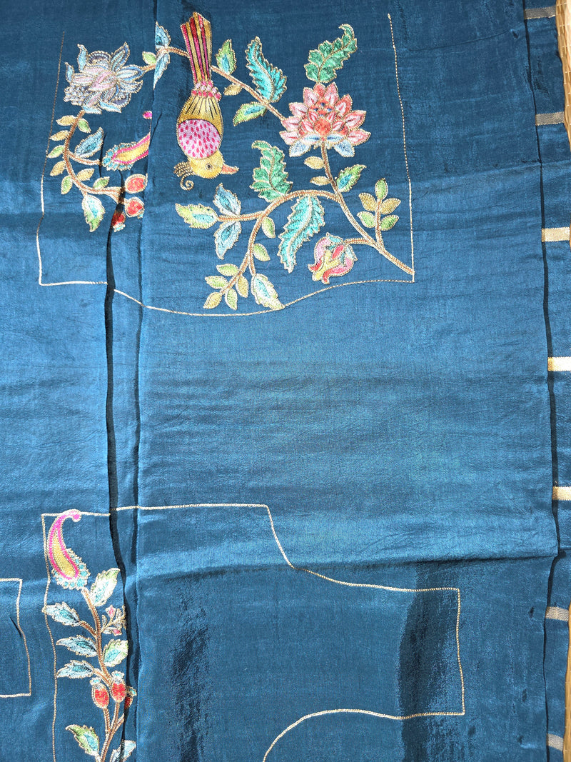 Peacock Blue Pure Dola Silk Saree in Checks and Heavy Embroidered Blouse