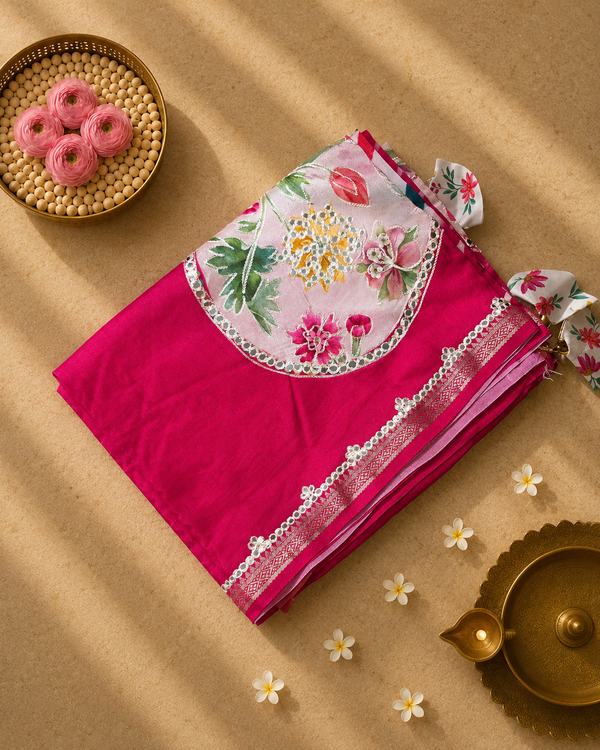 Pure Dola Silk Patli Style Saree with Applique , Aari and Mirror work