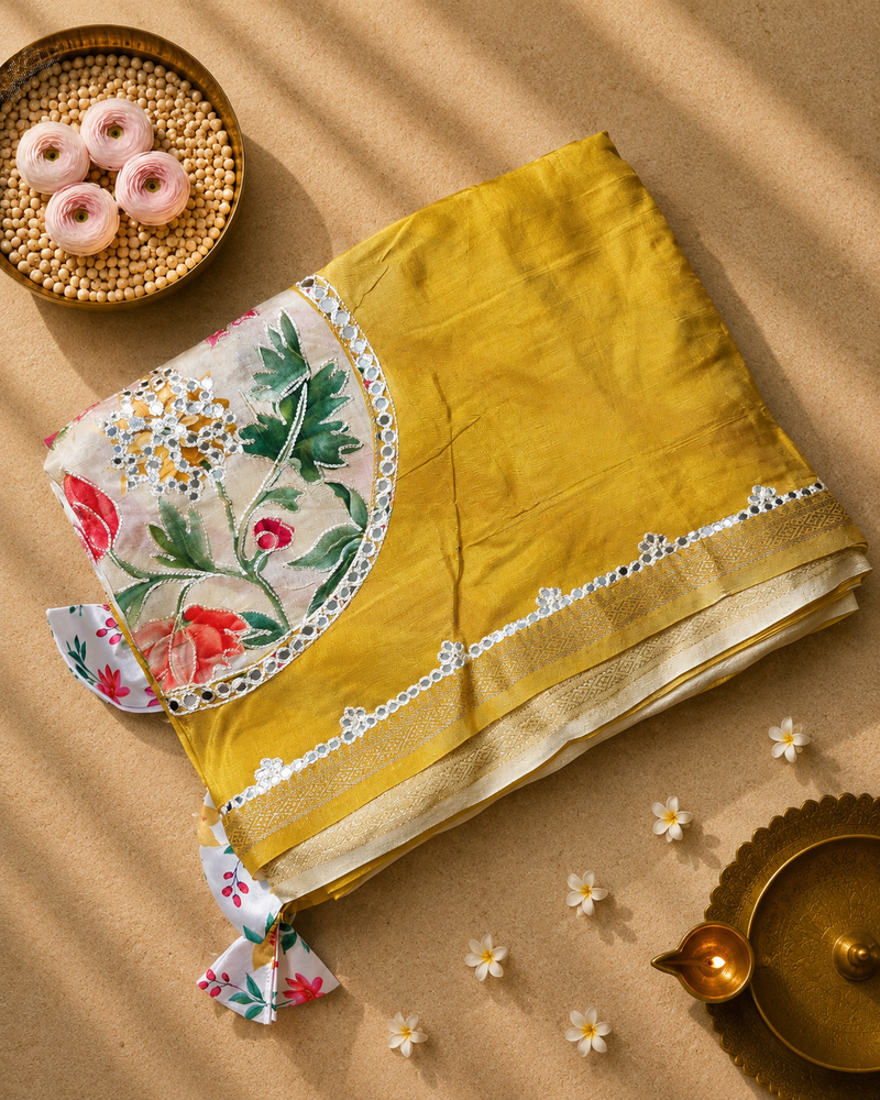 Pure Dola Silk Patli Style Saree with Applique , Aari and Mirror work