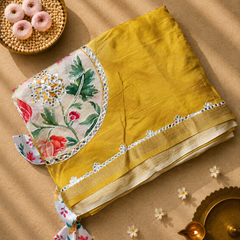 Pure Dola Silk Patli Style Saree with Applique , Aari and Mirror work