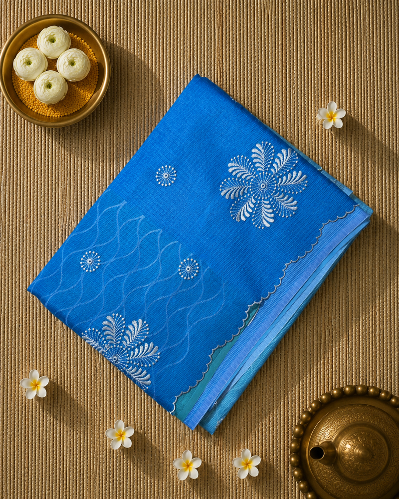 Kota Silk Saree with Scallop Border and Thread Embroidery