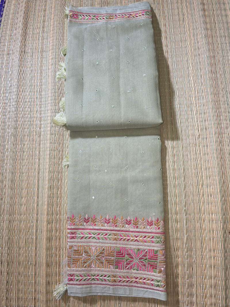 Linen Tissue Saree with Embroidery and Mirror Work