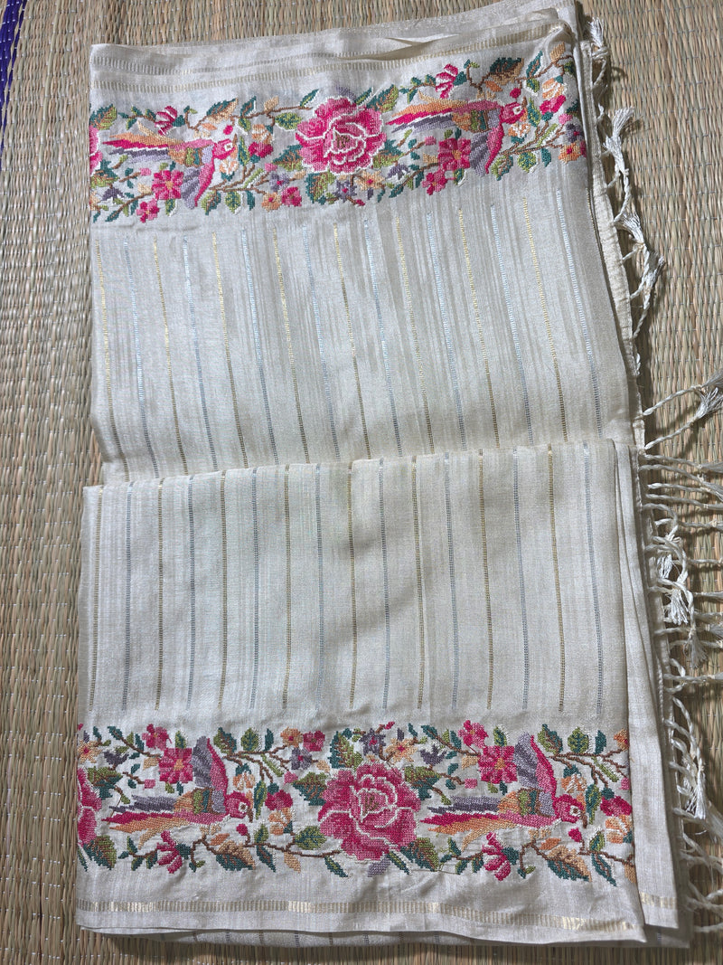 Pure Tussar Silk Saree with Vertical Zari Stripes and Petit Point Embroidery