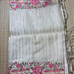 Pure Tussar Silk Saree with Vertical Zari Stripes and Petit Point Embroidery