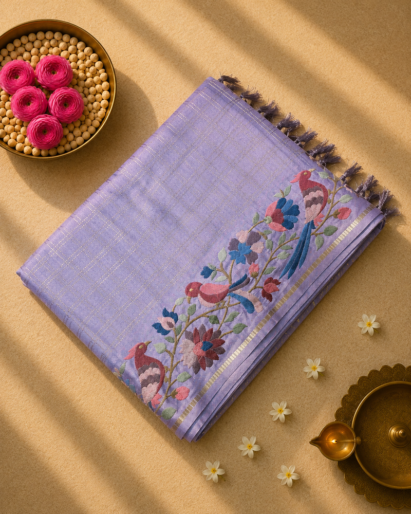 Tussar Silk Saree with Embroidery and Zari Checks