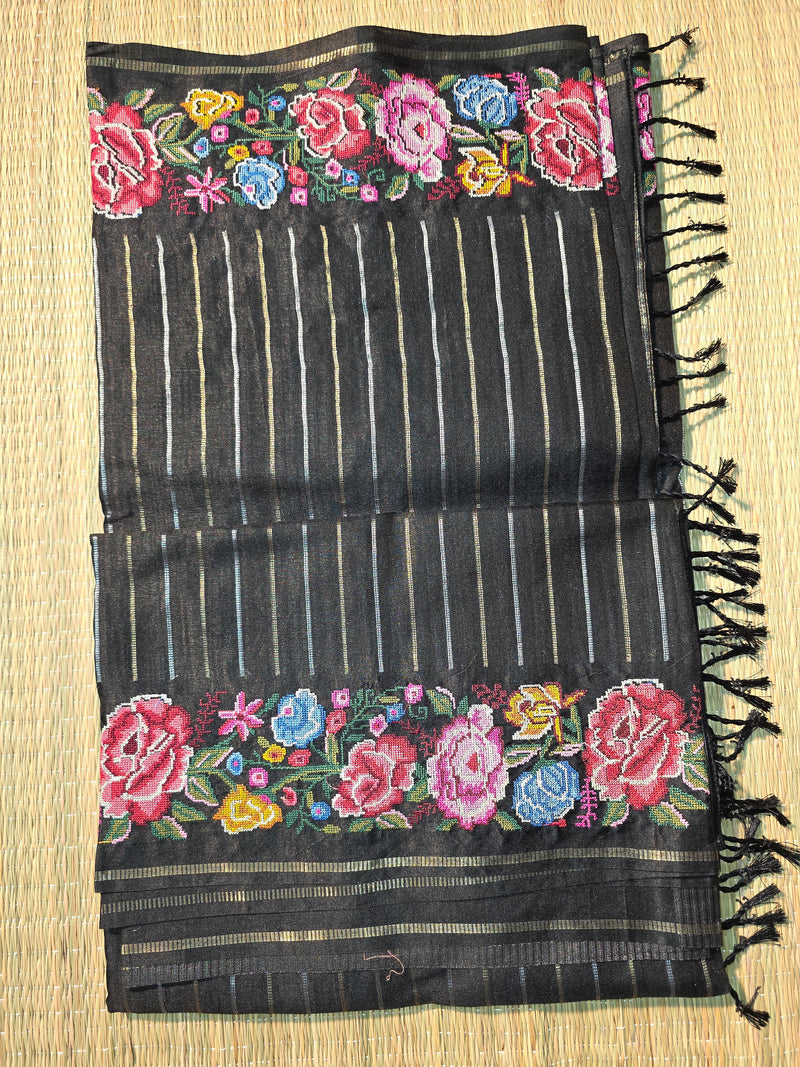 Tussar Silk Saree with Embroidery and Zari Stripes