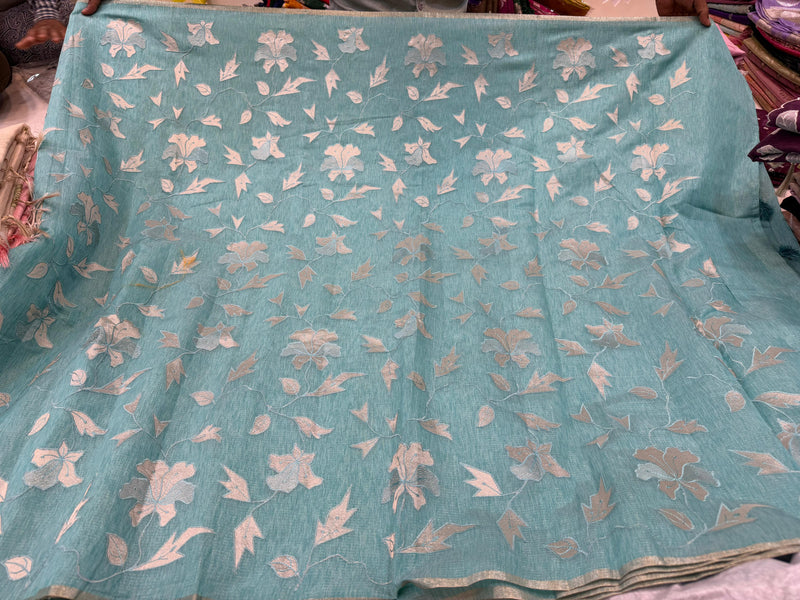 Blue Linen Tissue Saree with All over Applique work