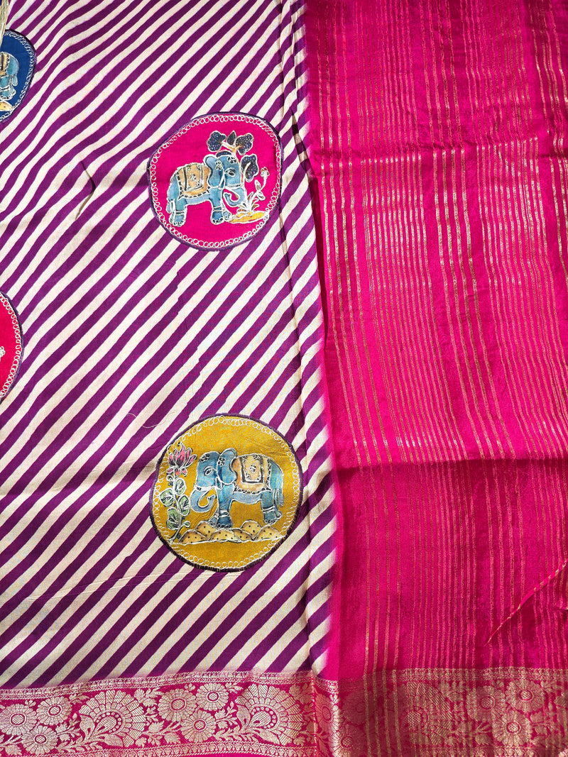 Pure Dola Silk Saree with Applique work in Lehariya pattern