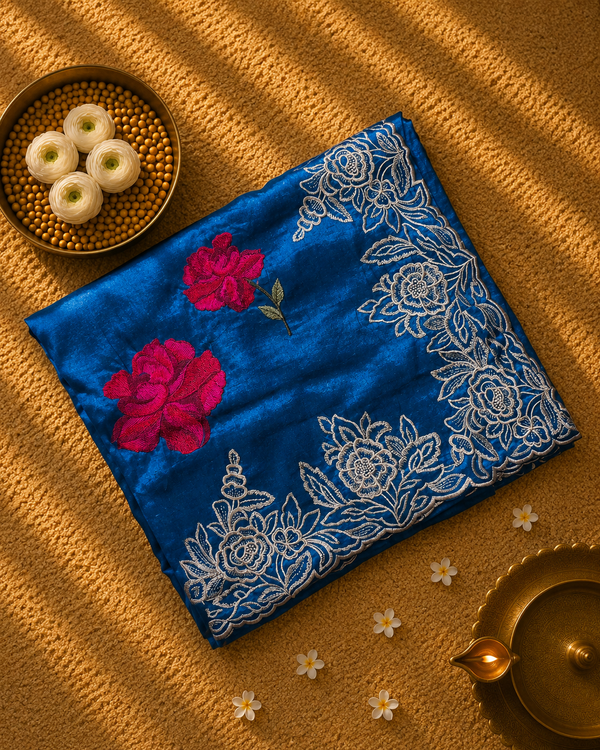 Pure Raw Silk Saree with Scalloped Border and Embroidery