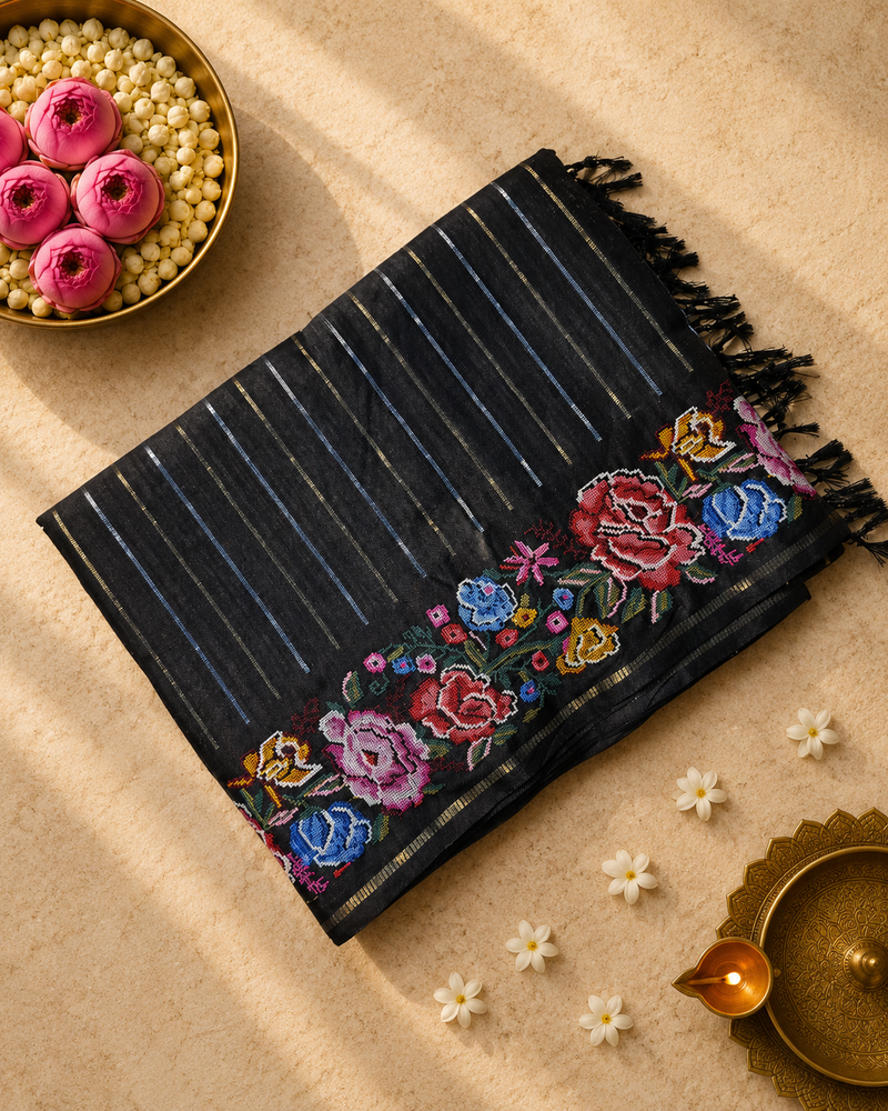 Tussar Silk Saree with Embroidery and Zari Stripes