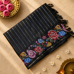 Tussar Silk Saree with Embroidery and Zari Stripes