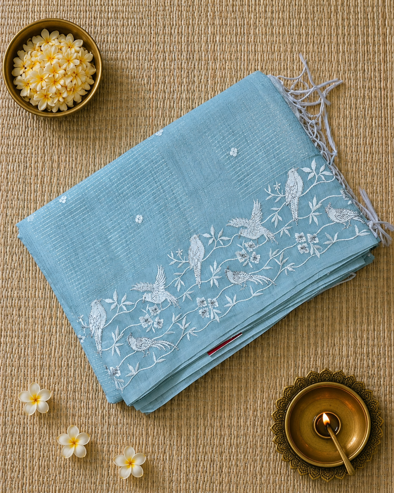Linen Zari Saree with Pretty Bird Embroidery